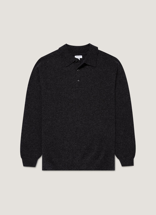 Men's Lambswool Knitted Polo Shirt in Charcoal Melange