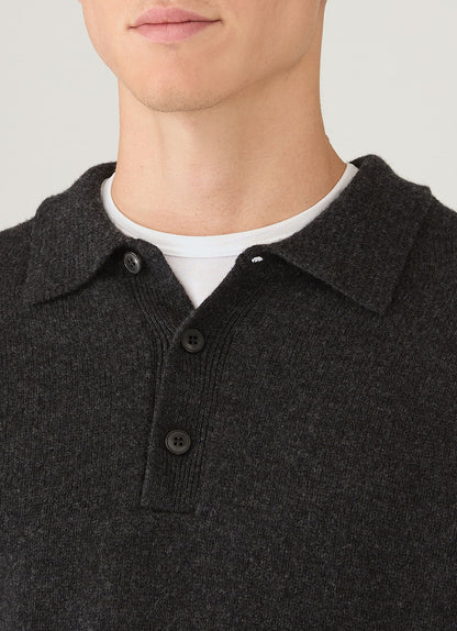 Men's Lambswool Knitted Polo Shirt in Charcoal Melange