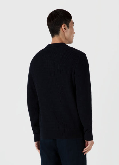 Mens Long Sleeve Textured Cotton Polo Shirt In Navy Mpol8277 Buaa