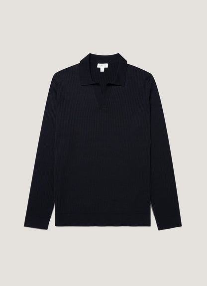Mens Long Sleeve Fine Rib Silk Cotton Polo Shirt In Navy Mpol8298 Buaa