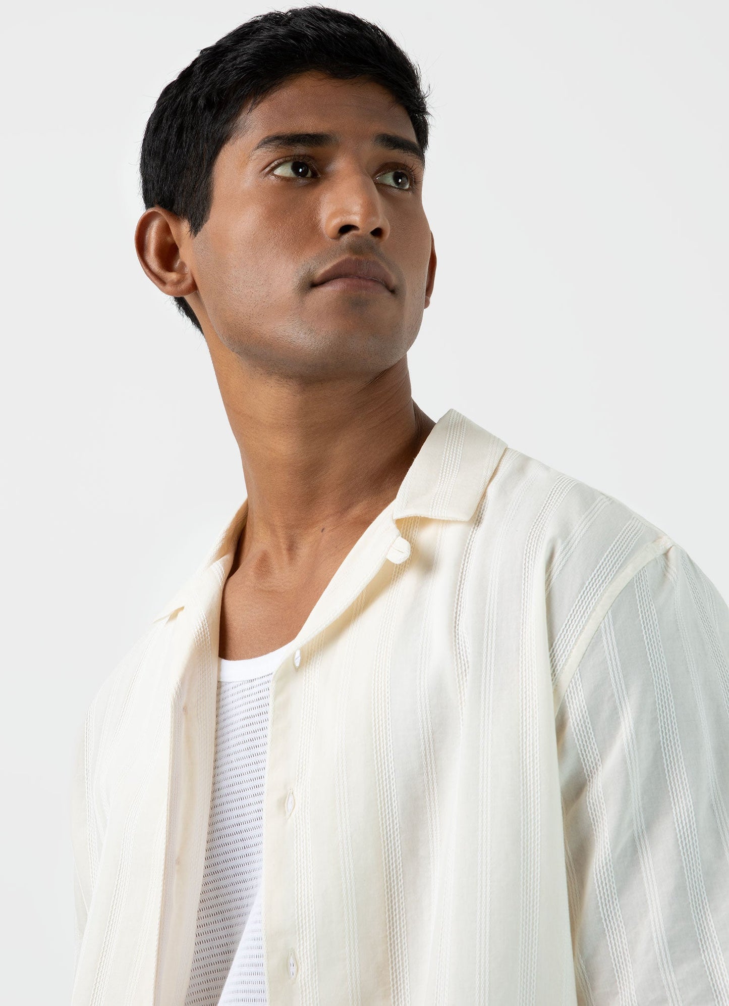 Mens Stripe Camp Collar Shirt In Ecru Msht2084 Whcr