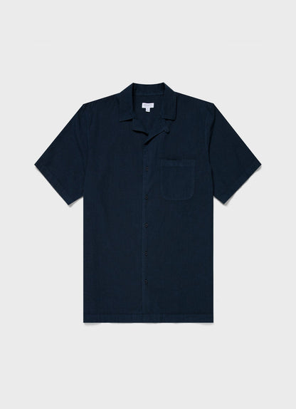 Mens Seersucker Camp Collar Shirt In Navy Msht2091 Buaa