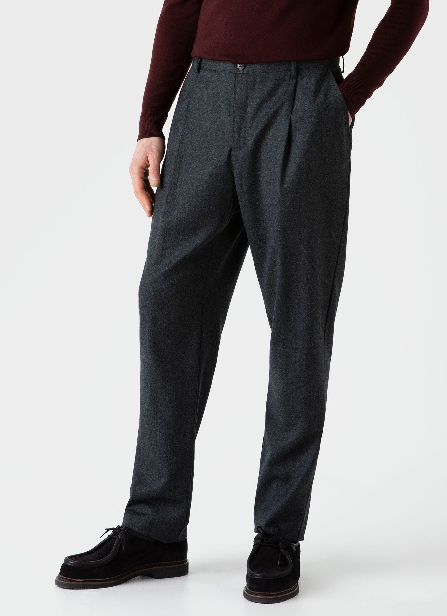 Mens Pleated Wool Flannel Trouser In Charcoal Melange Mtrs3076 Gyad