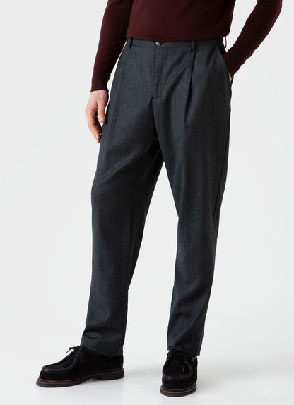 Mens Pleated Wool Flannel Trouser In Charcoal Melange Mtrs3076 Gyad