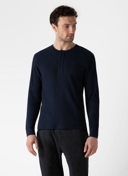 Mens Long Sleeve Waffle Henley In Navy Mtsh0162 Buaa