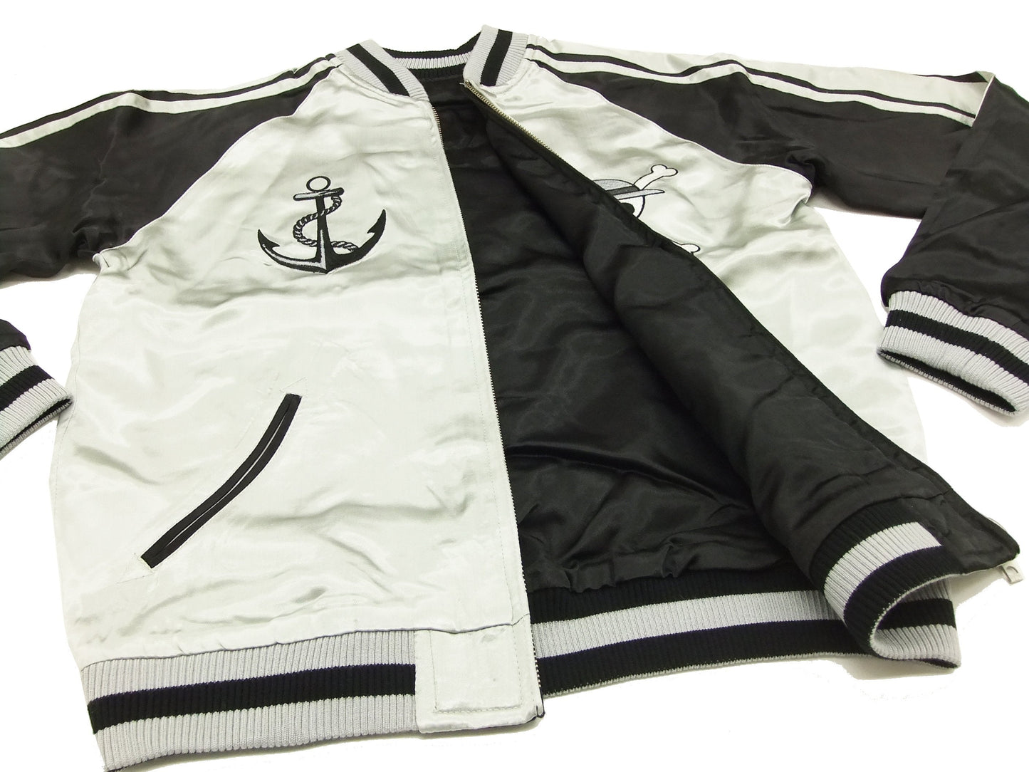 Hanatabi Gakudan Men's Japanese Souvenir Jacket Japanese ONE PIECE Sukajan Script OPSJ-001 Silver