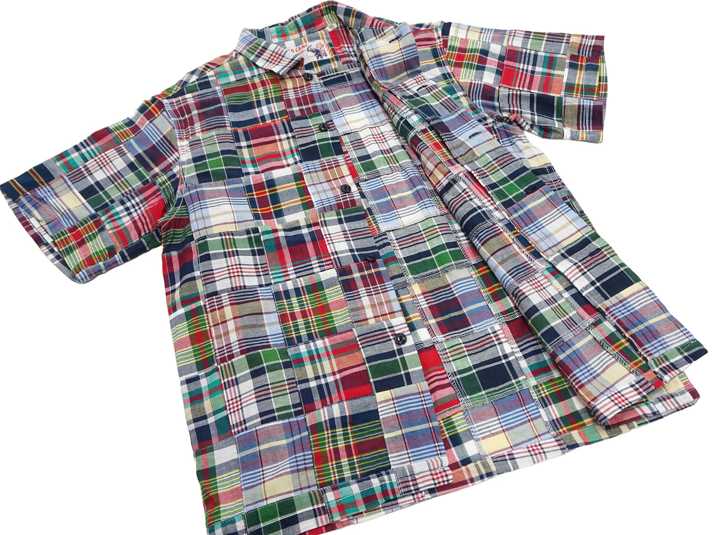 Sugar Cane Men's Madras Plaid Patchwork Open-Collar Camp Shirt - Short Sleeve - One Wash - Made in Japan (SC39739 165 Red)