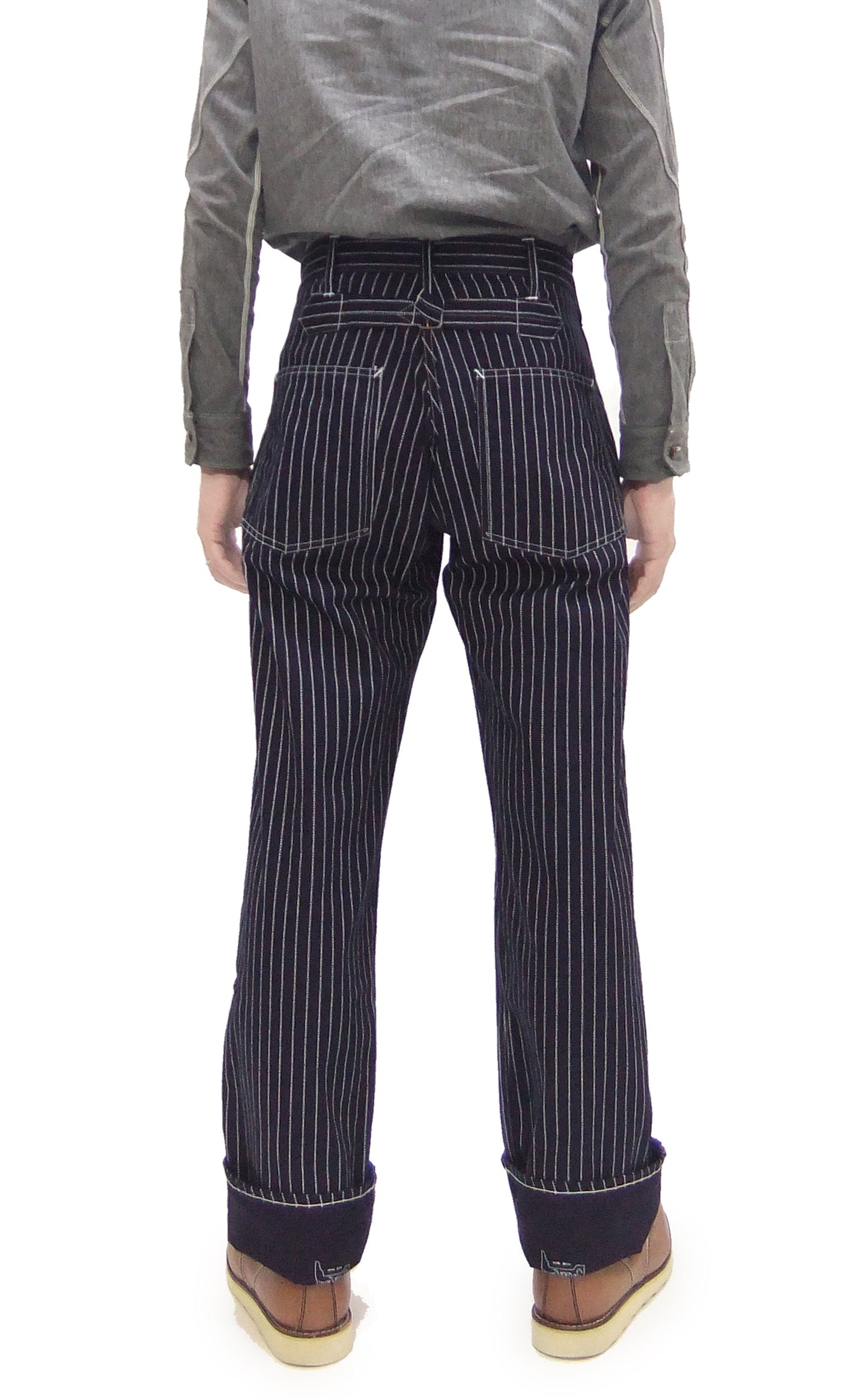 Sugar Cane Wabash Stripe Engineer Pants - Relaxed Straight Fit / Button Fly - Men's Casual 9 Oz. Railway Work Trousers Work Pants SC40786 Indigo-Navy One-Wash