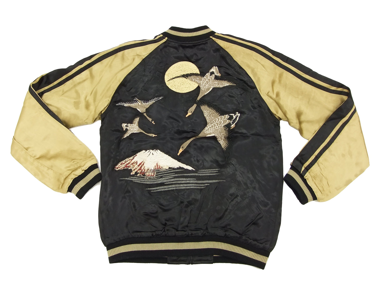 Hanatabi Gakudan Men's Japanese Souvenir Jacket Japanese Wild Geese and Full Moon Sukajan Script SSJ-506