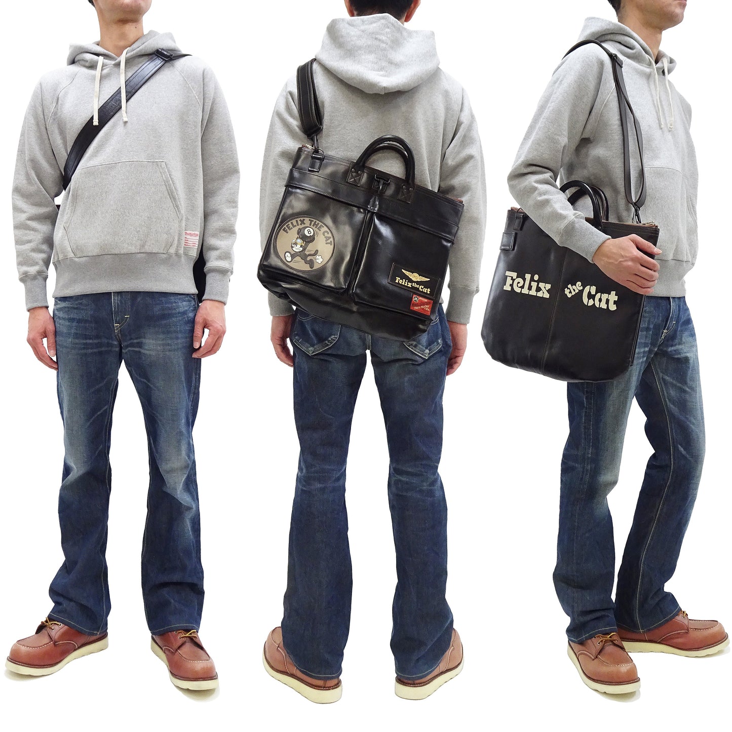 TOYS McCOY Men's Felix the Cat Leather Shoulder Bag - Black Horsehide, U.S. Air Force Helmet Bag Inspired, Made in Japan (TMA2523 031 Black)